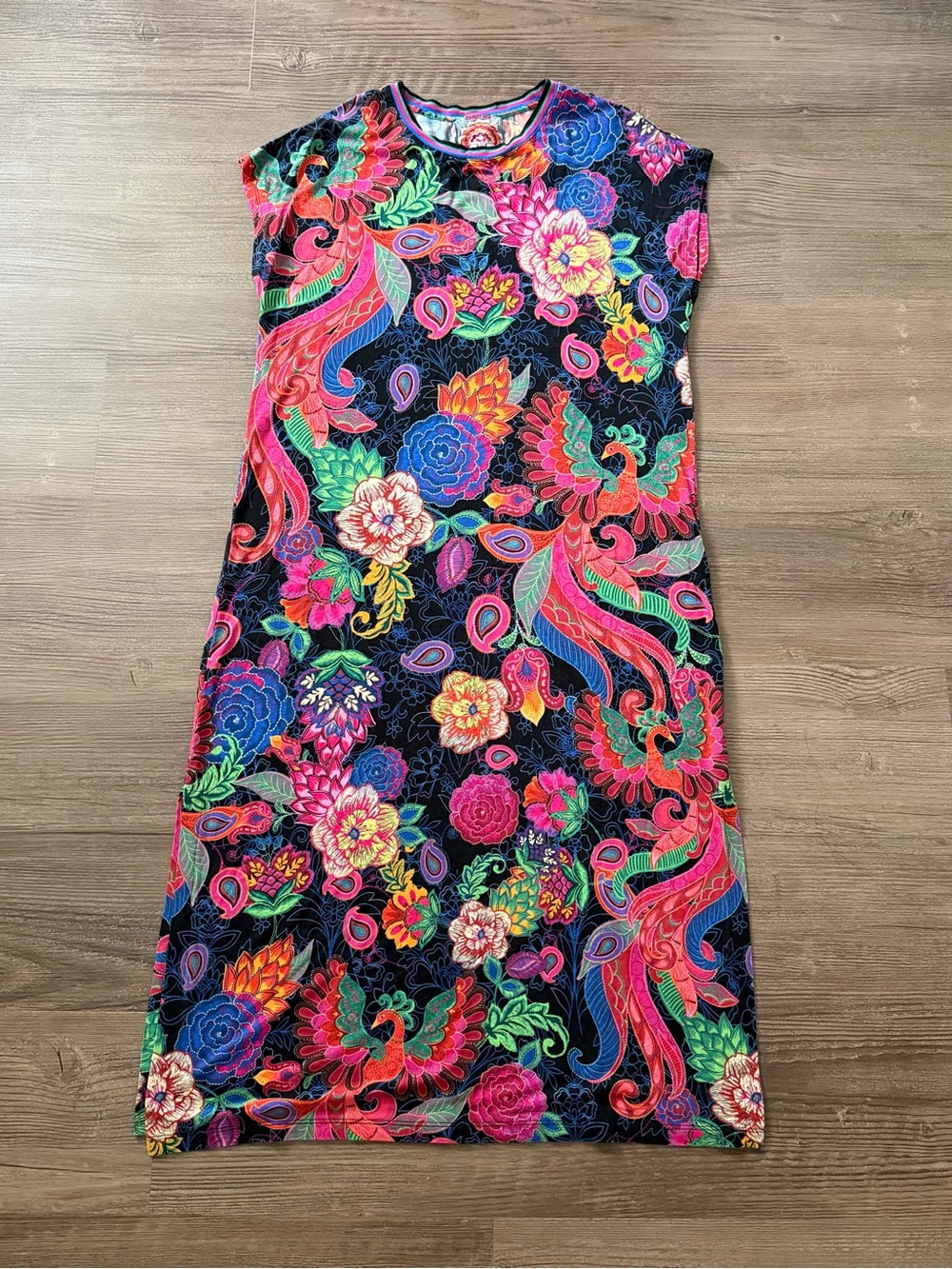 Johnny Was Janie Favorite Floral Phoenix Bird Midi Dress Multicolor L